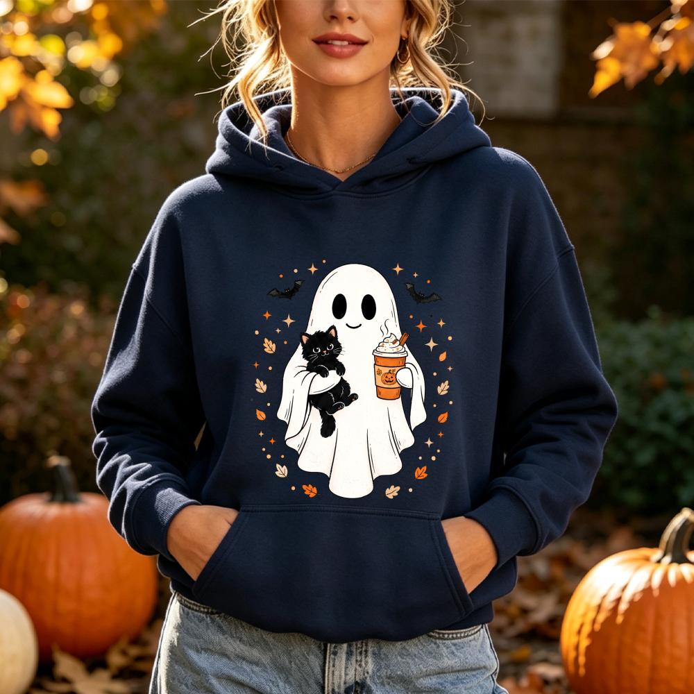 Cute Ghost Black Cat Sweatshirt Spooky Halloween Pumpkin Coffee Print Pullover Fall Winter Casual Long Sleeves Tops Unisex