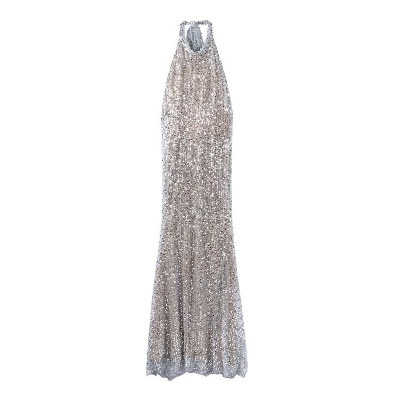 Shiny Sequin Backless Maxi Dress Women Sexy Halter Backless Lace Up Hip Package Mermaid Dresses 2025 Summer Beach Vacation Robes