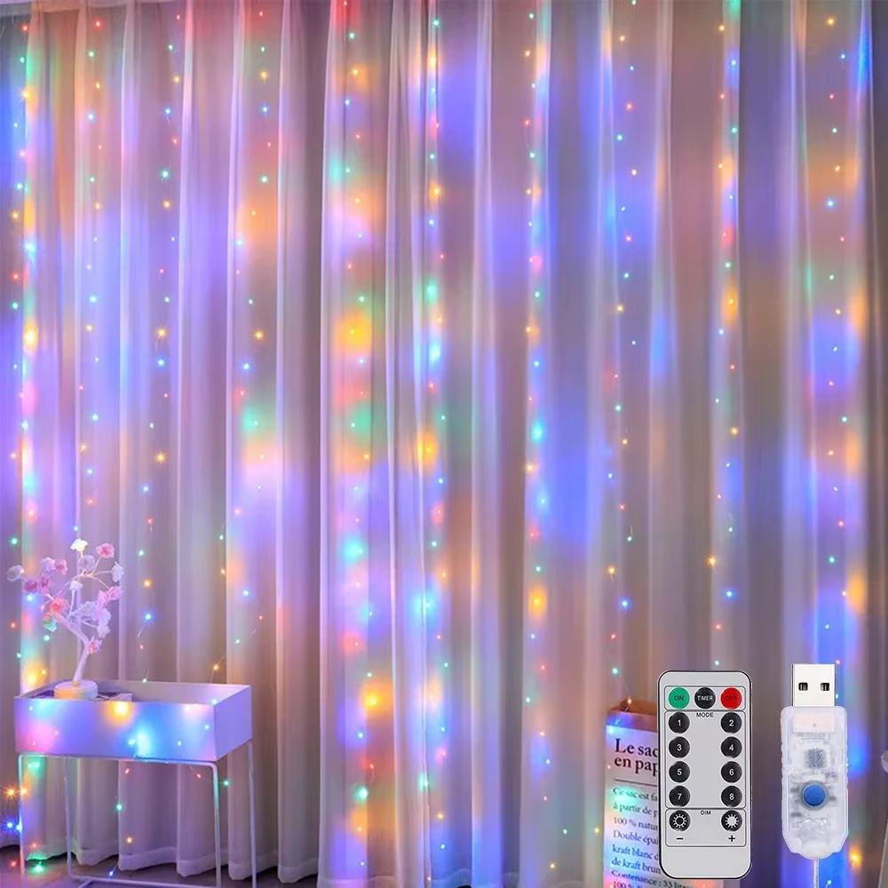 USB 3x1M Curtain String Lights 100 LED Fairy Lights with Remote Control 8 Modes Copper Wire for Room Window Christmas Wedding Party Decor