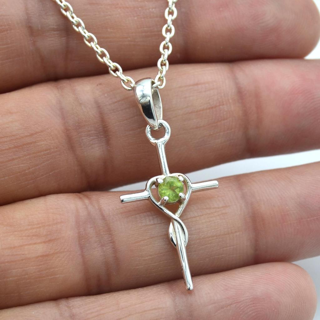 Peridot Edelstein Kreuz Anhänger 925 Sterling Silber Schmuck handgemachte Halskette