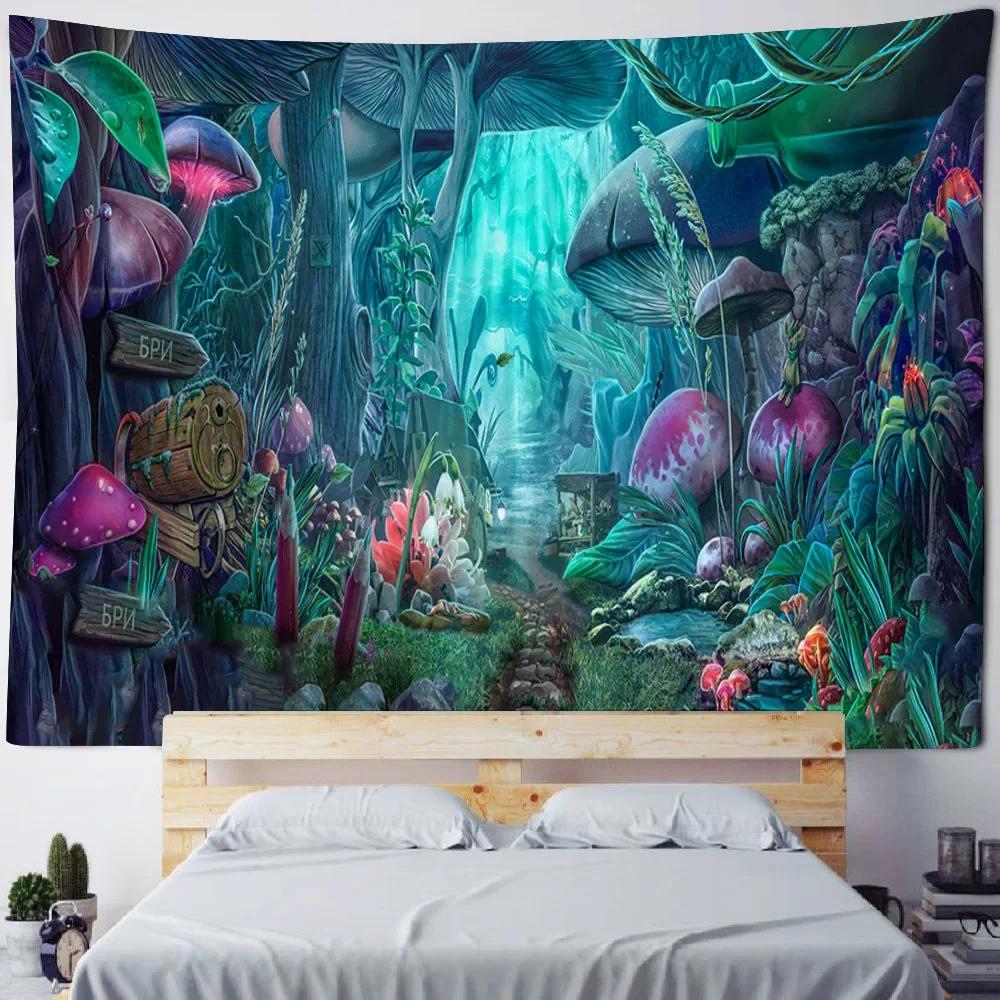 3D Mushroom Forest Printed Tapestry Hippie Wall Hanging Cloth psychedelic Scene Background Poster Bohemian Room Decoration