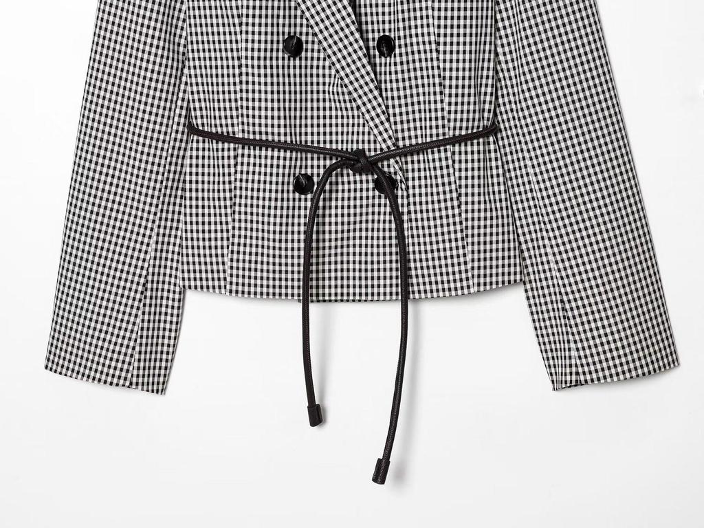 2026 Spring Women's Plaid Belted Blazer Jacket - European & American Style