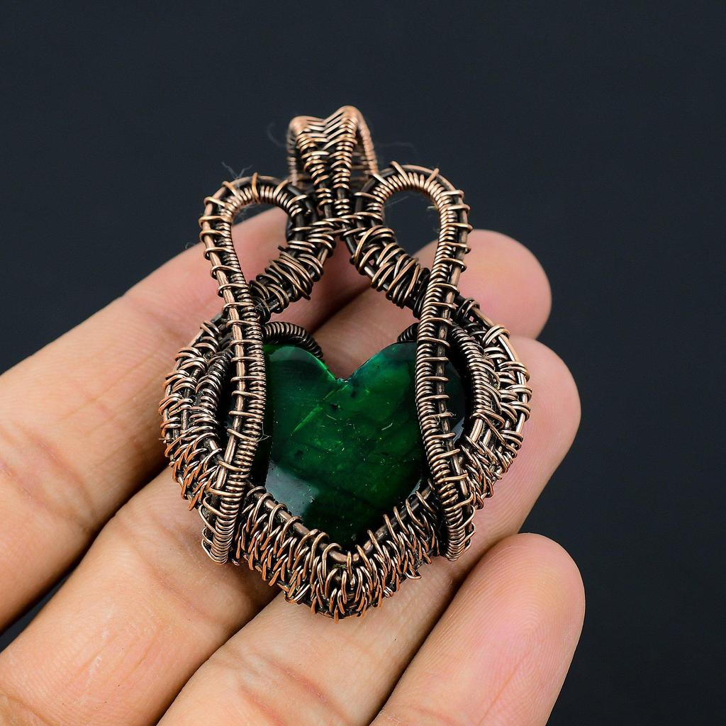 Heart Shaped Green Flash Labradorite Gemstone Copper Wire Wrapped Handmade Jewelry Pendant