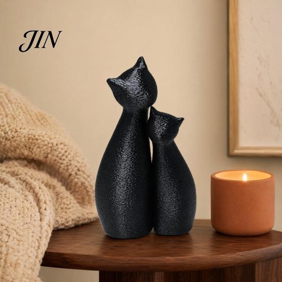 Cat Themed Home Decor Cute Black Statue, 3D Printed Figurine with Snuggle Pose, Heart Warming Minimalist Desk Shelf for Office, Gift Lovers Art