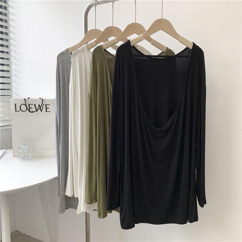 Modal Backless Long Sleeve Front Slit T-Shirt for Women - Plus Size, Solid Color, Round Neck Dancewear Top