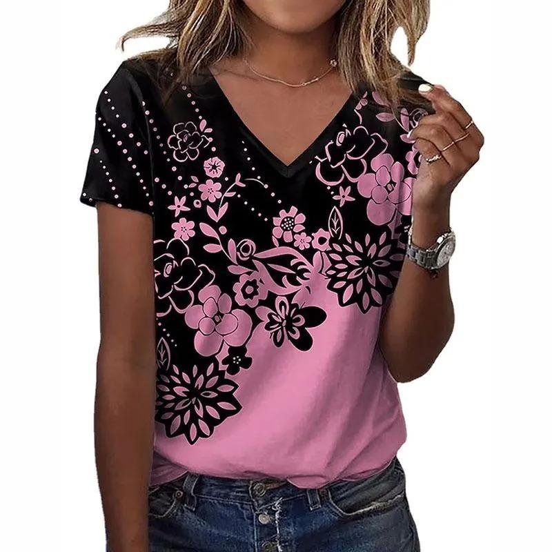 Women's T-shirt Summer Fashion Short Sleeved Top V-neck Daily T-shirt and 3D Checkered Women's T-shirt