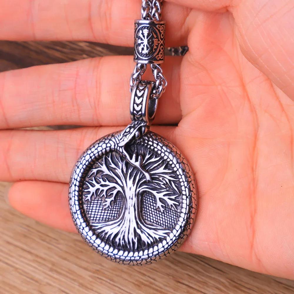 Nordic Tree of Life Pendant Necklace Stainless Steel Vintage Yggdrasil Ourobles Necklace Men Scandinavian Jewelry