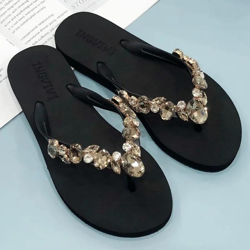 

Fashion Summer New Women s Diamond Rhinestone Flip Flops Thick Heel Slope Follow Beach Slippers Comfortable Casual EVA Upper TPR Outsole 35