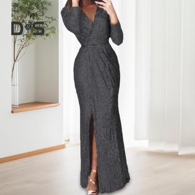 Abendkleid für Damen, tiefer V-Ausschnitt, Pailletten-Dekor, lange Ärmel, elastische Taille, plissiert, geteilter Saum, einfarbig, formelle Anlässe, Hochzeit, Party, Abschlussball, Maxikleid
