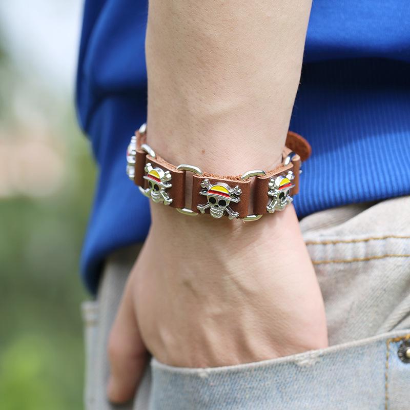 Pirate Skull Leather Bracelet: Two Color Options - Anime Inspired Jewelry