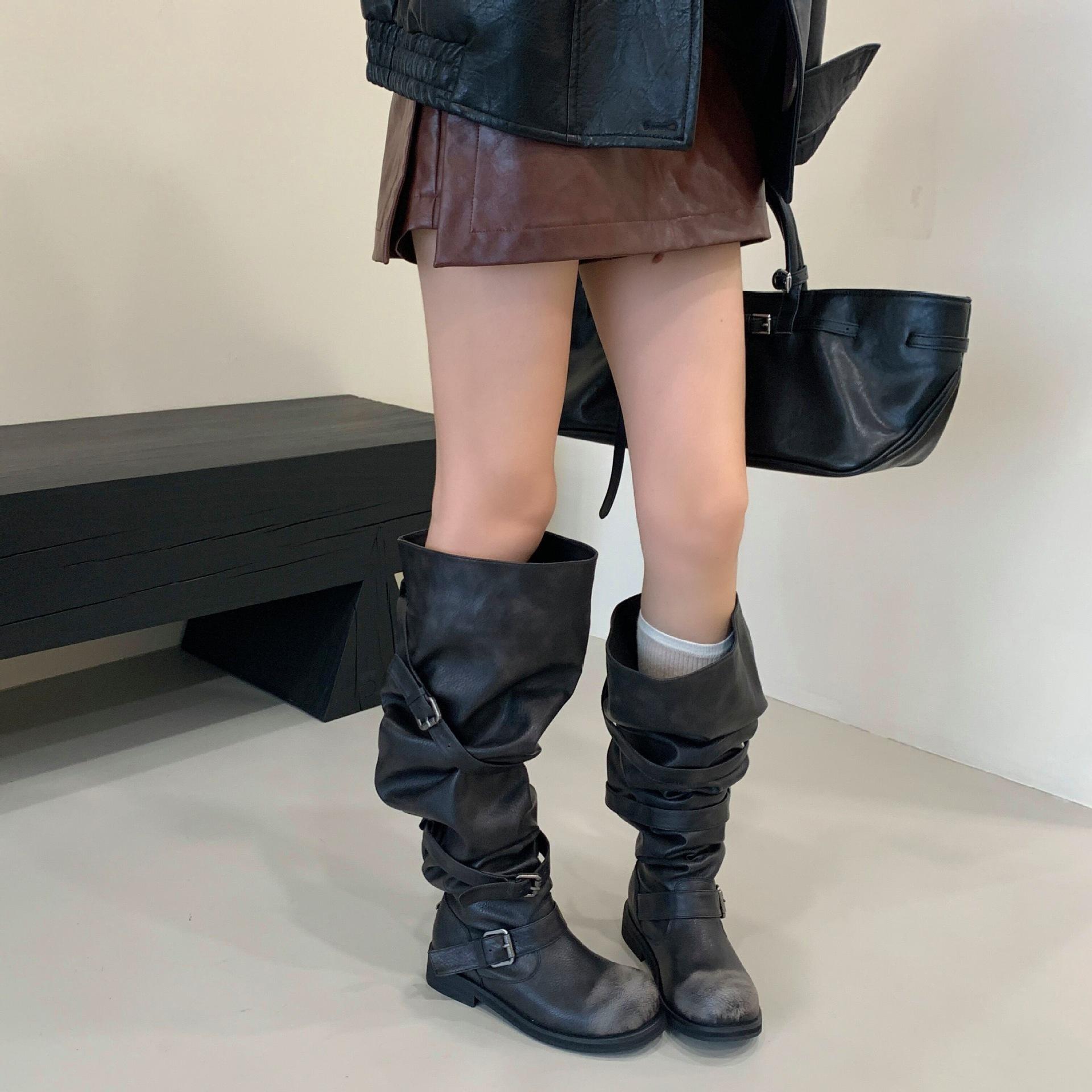 

2025 новые ботильоны с пряжками, ботфорты выше колена на толстом каблуке в стиле ретро, длинные сапоги в корейском стиле, нишевые ботинки в стиле милитари, женские 40 темно-коричневого