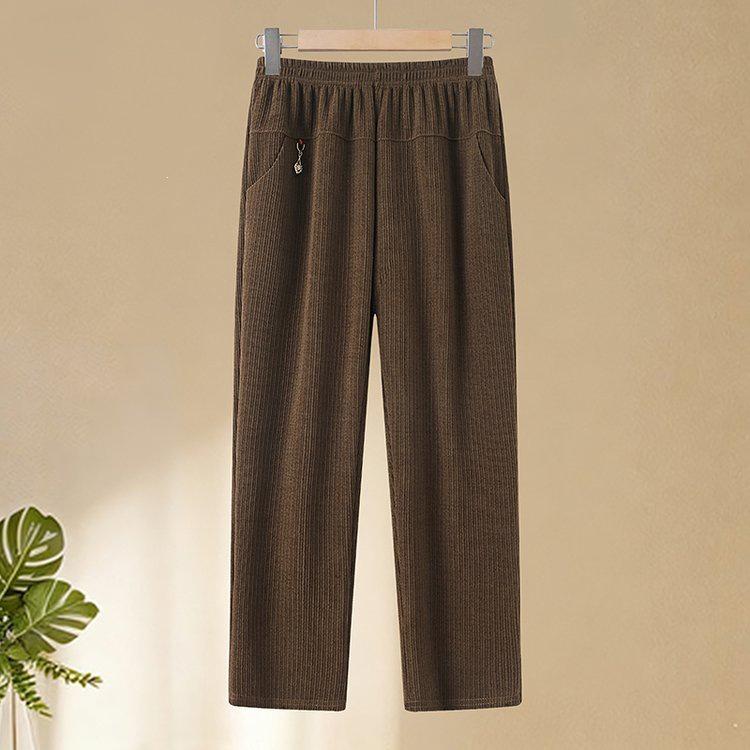 Mom's Summer Ice Silk Elastic Waist Straight-Leg Casual Pants - Chinese Style, Loose Fit for Middle-Aged & Elderly Women