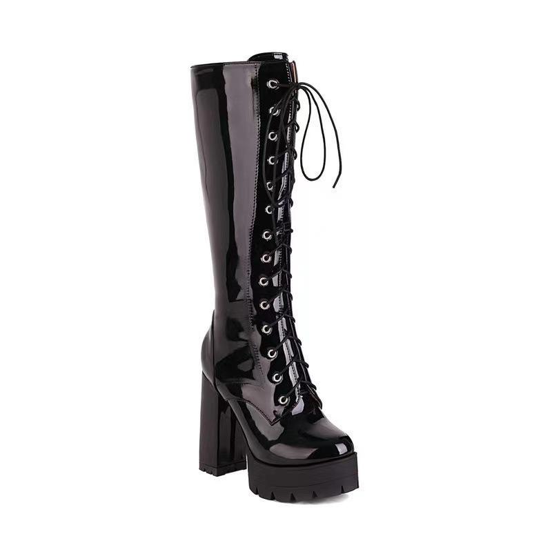 Autumn and winter new European and American style knight boots large size super high heel front lace-up patent leather fashion women's boots