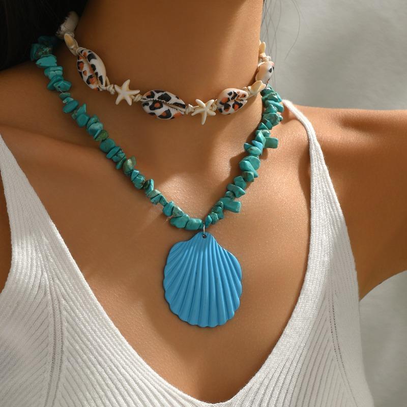 Fresh and Sweet Blue Shell Pendant Necklace Casual Vacation Summer Shell Stacked Collarbone Chain Woman