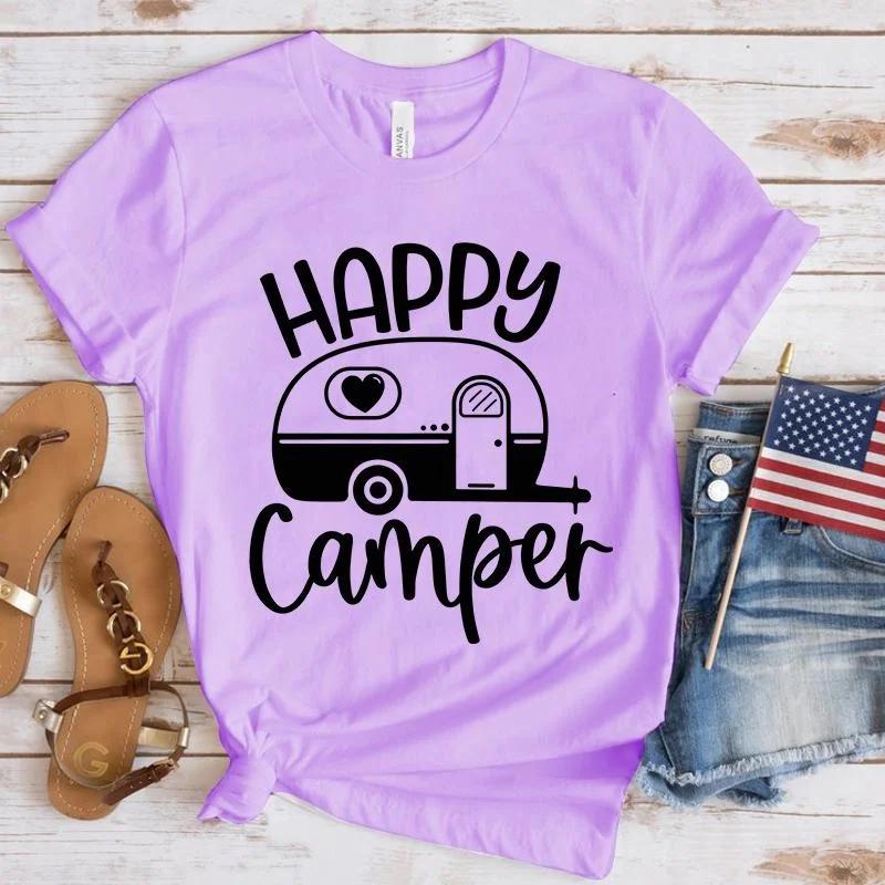 Neue Happy Camper bedruckte T-Shirts Damen einfarbige Shirts Rundhals T-Shirts Tops Outdoor Camping Cooles weiches Shirt