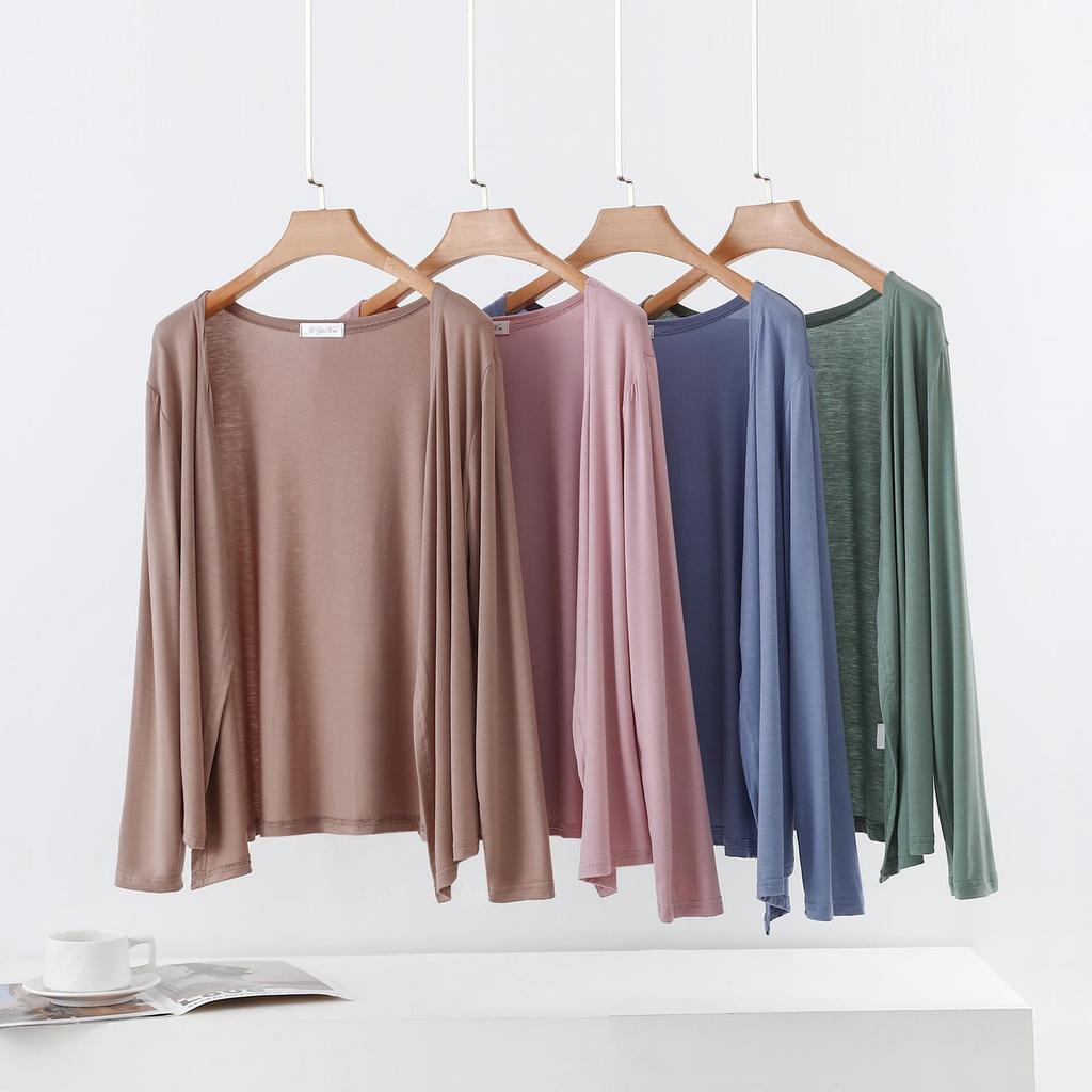 Dámský úzký modalový kardigan na jaro/léto - Jednobarevný, pletený top s dlouhým rukávem