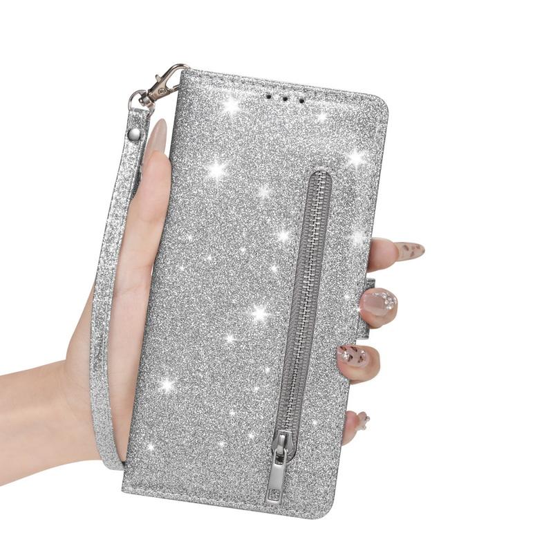 Glitter Zipper Leather Flip Wallet Case For iPhone 17 Pro Max Luxury Card Slots Phone Holder Cover For iPhone 16 15 14 Pro Max 13 12 11