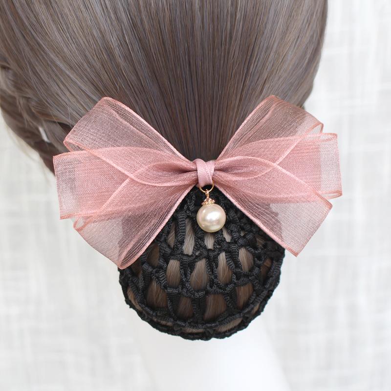 Vocational Nurse Head Flower Mesh Pocket Hairpin Silk Yarn Pearl Pendant Bow Stewardess Bank Disc Hair