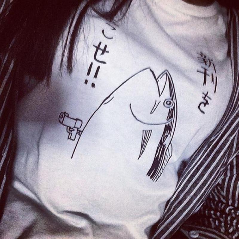 Cute Fish Pattern Funny Summer Tops and Tee Short Sleeve O-neck Women White T-shirt
