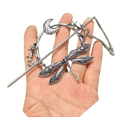Elegant Antique Silver Dragonflies Moon Hairpin Hair Styling Tool For Formal and Casual Event Gathering Dressingup Props