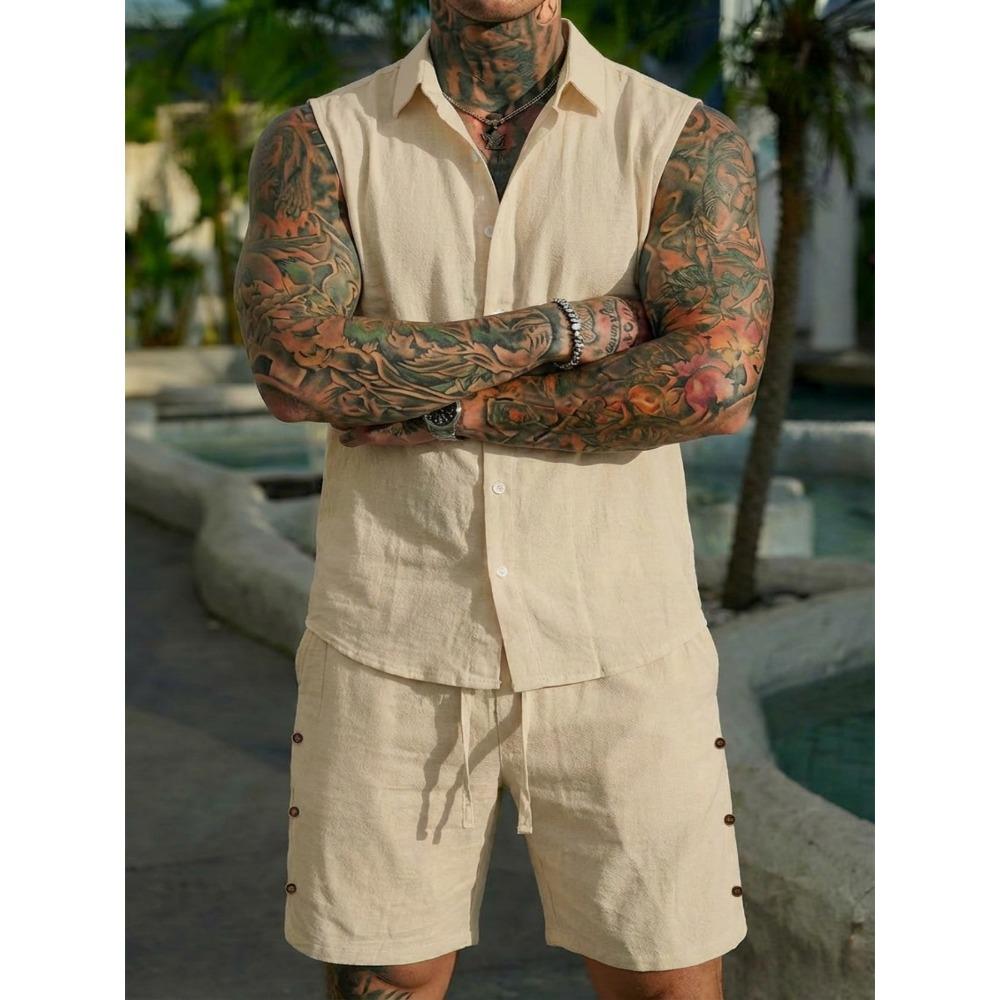 Men’s Summer Sleeveless Collared Shirt Set – Plain-Coloured Linen Casual Beach Outfit