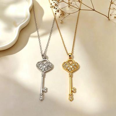 Damen Pfirsich Herz Schlüssel Zirkon Anhänger Halskette - Koreanischer und Japanischer Stil Schlüsselbein Kette Accessoire