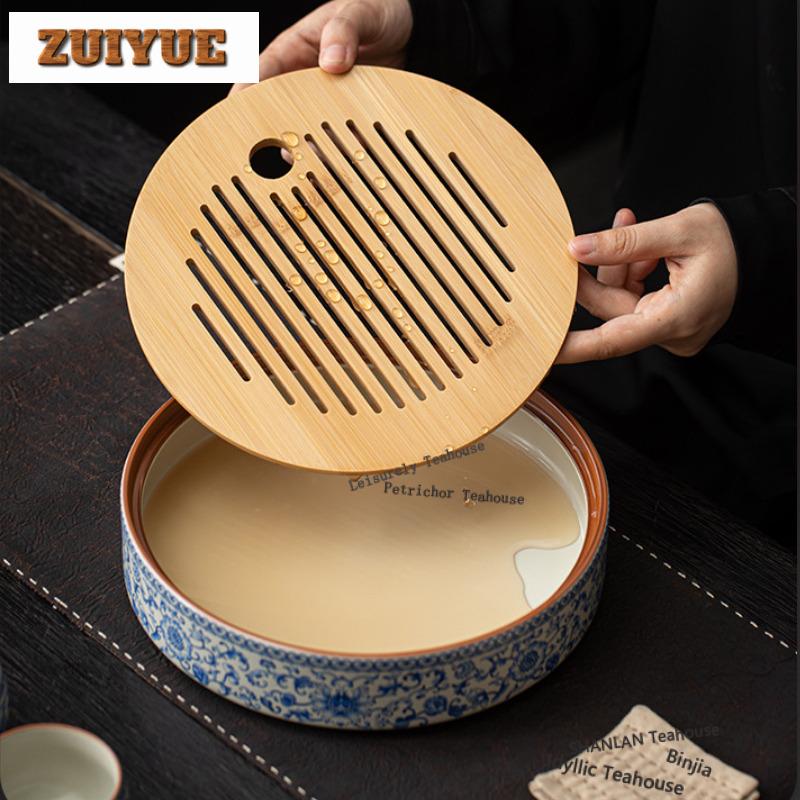 Ru Kiln Water Storage Bamboo-surface Tea Tray Snack Plate Coffee Storage Board Teapot Base Dishes For Serving Drinkware Supplies