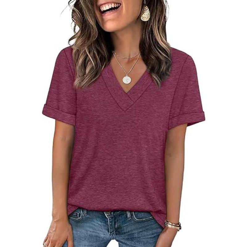 Women S Solid Color V Neck Short Sleeve Casual T Shirt