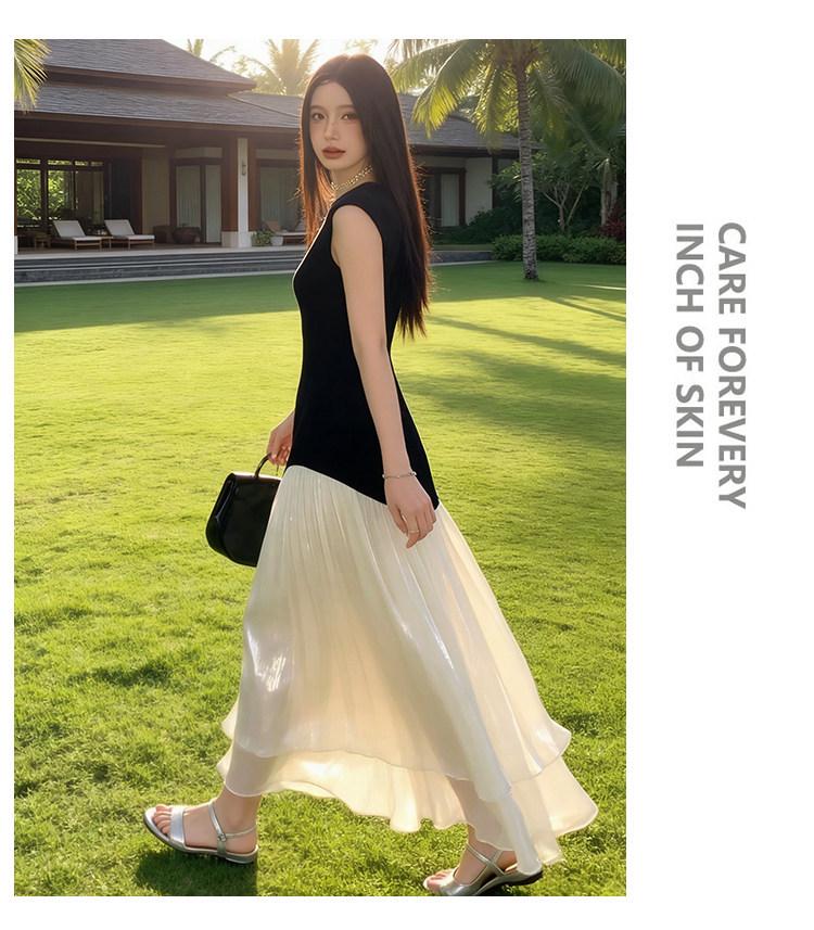 Korean Casual Sleeveless Color Block Mesh Maxi Dress - Women's Summer Slimming Style