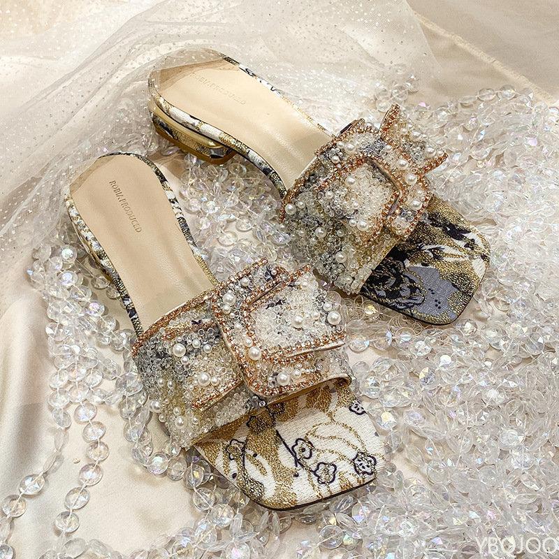 Nouvelles Pantoufles Plates Mode à Talon Épais pour Dames Strass Chaussures Femmes Confort Été Bout Ouvert