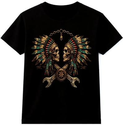 T-shirt con Cappello di Piume e Teschio Biker Chiave Inglese Grafica Gotico Tatuaggio