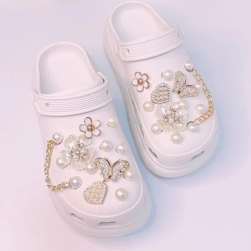 24Pcs Luxury Diamond ButterflyFiveleaf FlowerPearl Chain Shoe CharmsSet SummerDIY Decor Accessories for Clogs Hole Shoes Sandals
