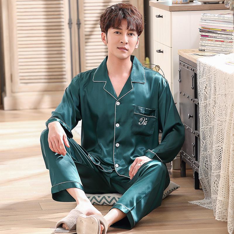 Frühlings-Seidenpyjama-Set im koreanischen Stil: Damenimitatseide & Herren Dünn Langarm Hauskleidung