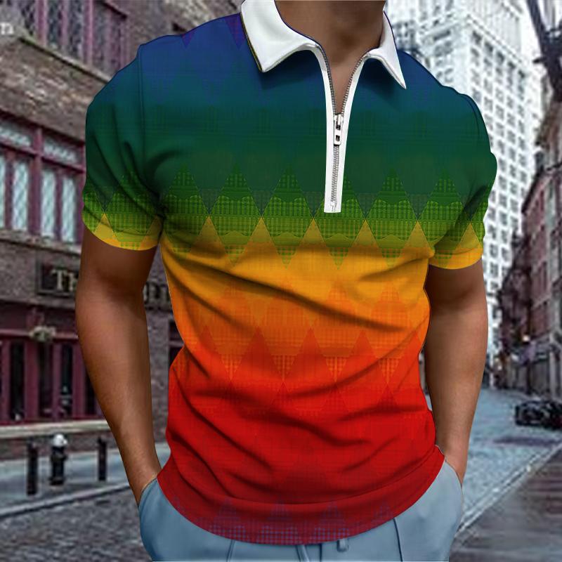 Casual Lapel T-shirt Young Men's Fashion Zipper T-shirt Short Sleeve T-shirt Men's 3D Color Box Print T Shirt