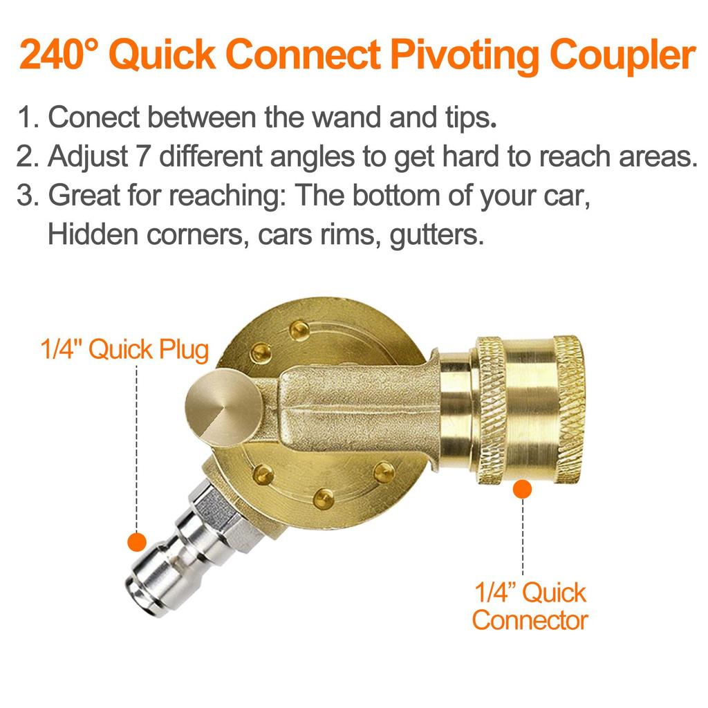 Pressure Washer Pivoting Coupler, 1/4” Quick Plug Gutter Cleaner Attachment, 240 Degree with 7 Angles for Power Washer, 310Bar