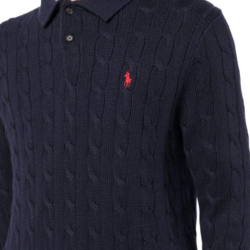 Polo Ralph Lauren Solid Color Chunky Cable Knit Polo Collar Sweater Men Sweaters Dark-Blue 710860351-002