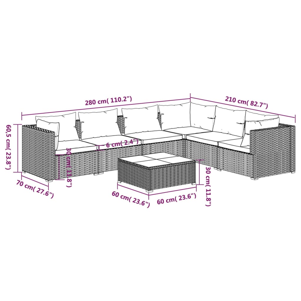 Vidaxl 7-Cz. Garden Lounge Set, Cushions, Black PE Rattan