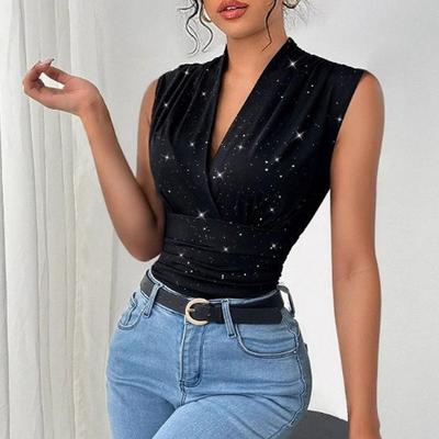 Sommer V-Ausschnitt Ärmellos Glänzend Pailletten Bluse Damen Neu Elegant Schlanke Passform Oberteil Büro Mode Streetwear Hemden Plissierte Kleidung