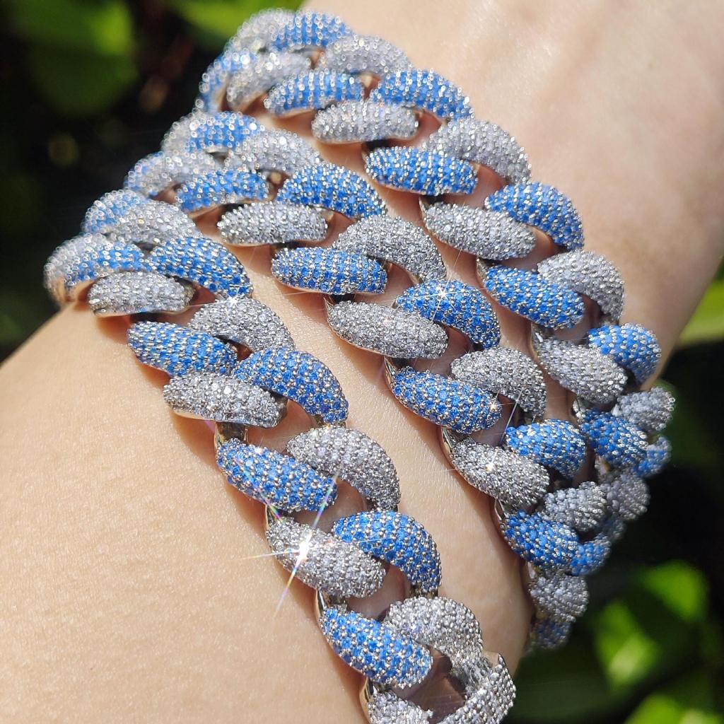 Silver Blue 14MM Cuban Link Necklace and Bracelet - European & American Hip Hop Fashion Trend Jewelry