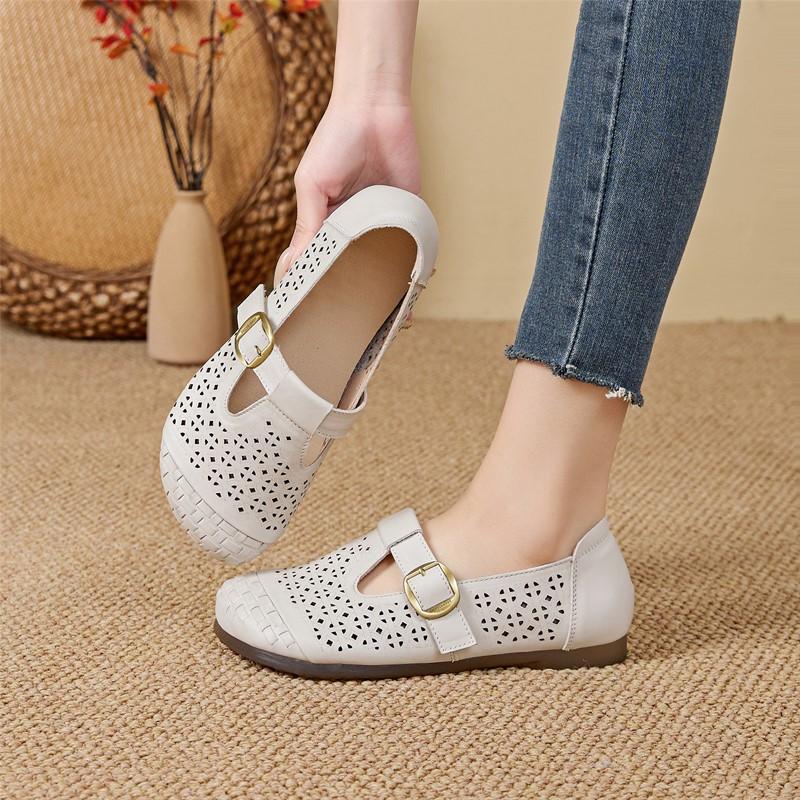 Women's Sandals Shoe Flat and Comfortable HoleHole Mary Jane Shoes Women Genuine Leather Summer Hollow Out Female Shoes