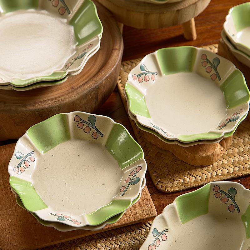 Retro Lily Of The Valley Tableware High Value Octagonal Plate Flat Plate Underglaze Ceramic Bowl Irregular Household Plate Rice Bowl