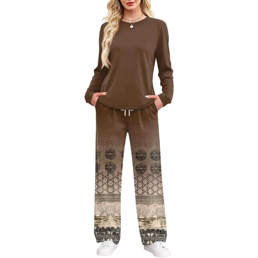 Women's Casual Printed Long Sleeve Round Neck Loose Fit Pajama Set with Pockets for Home Wear