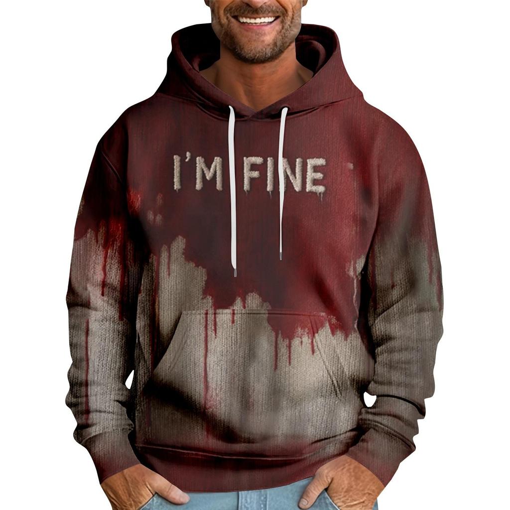 Halloween Blood Splatter I'm Fine Text 3D Print Men Hoodie Horror Party Long Sleeve Pullover Sweatshirt