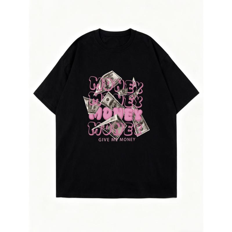Nadměrné tričko černé s potiskem peněz s dolarovými bankovkami a textem Dej mi peníze ležérní streetwear pro ženy