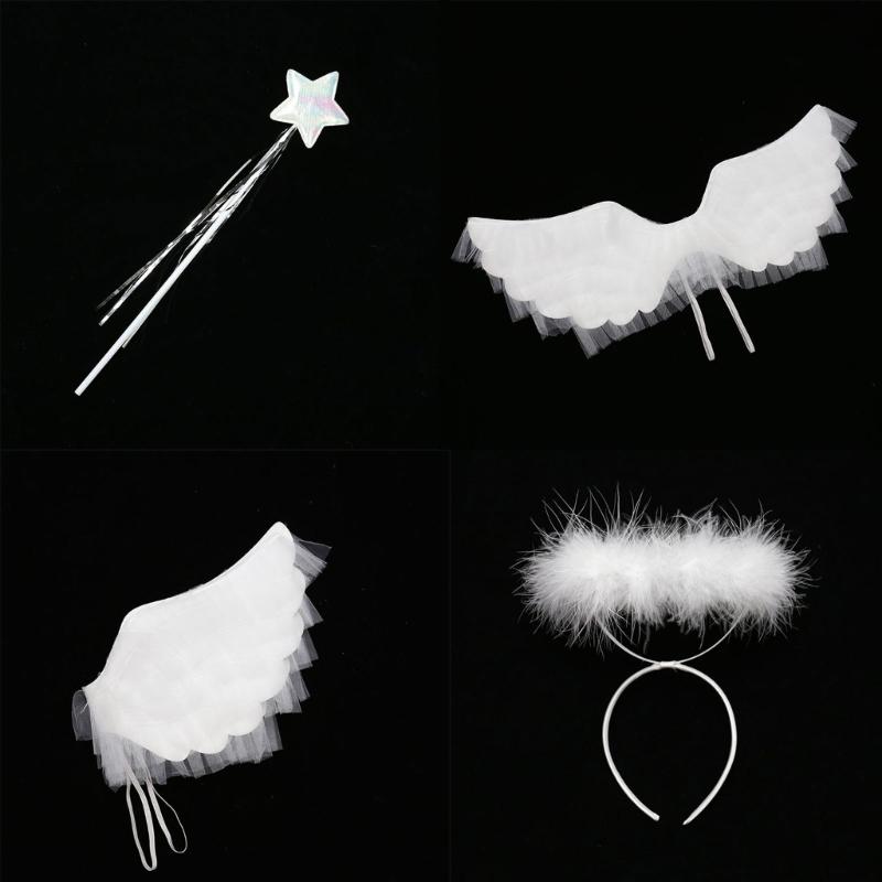 Angel Wings Headband with Wand for Kids Boys Girls Feather Fairy Wings Halloween Party Cosplay Costumes