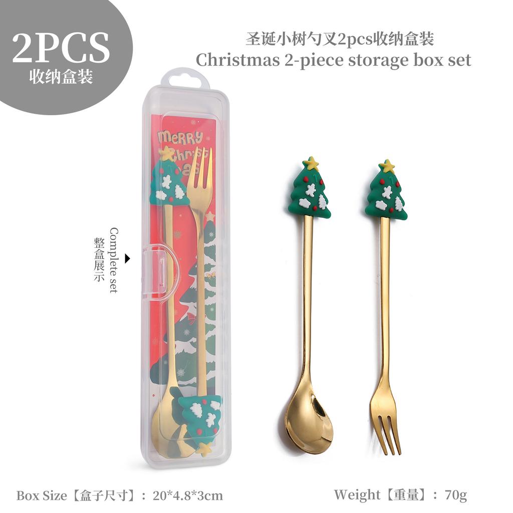 Christmas Fork Spoon Set, Dessert Coffee Spoon Fruit Fork Christmas Doll Tableware Gift Box