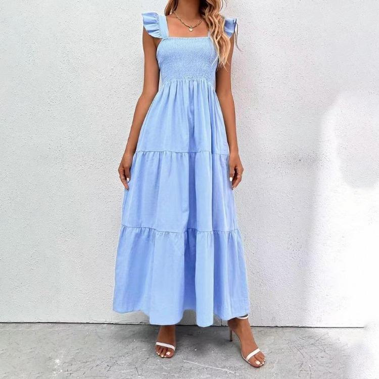 Lässiges A-Linien-Kleid Damen Einfarbig Ärmellos Hohe Taille Knöchellang Eckiger Ausschnitt Herbst Winter