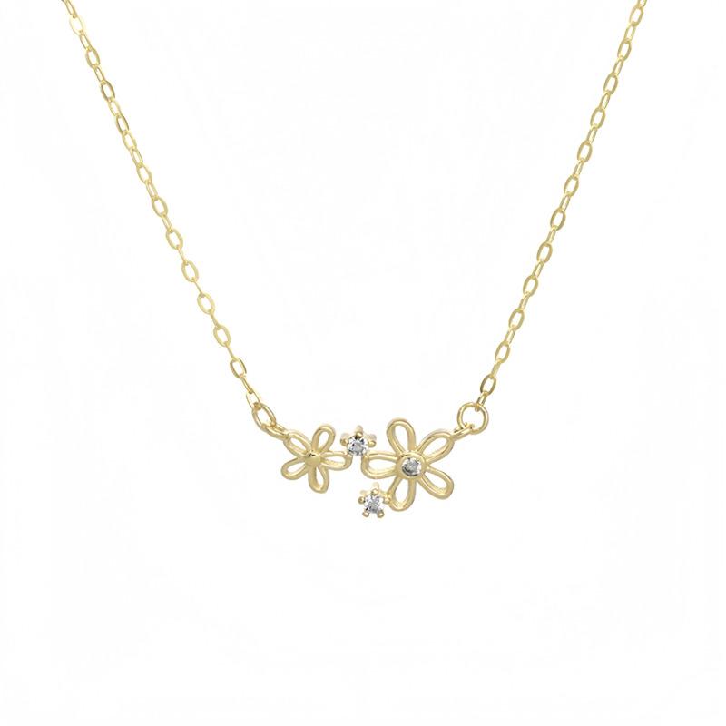 BELLA BOX S925 Sterling Silver Plated With 14K Gold Necklace With Two Small Flowers, A Simple Japanese And Korean Collarbone Chain Girl