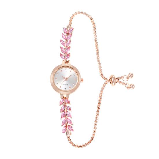 

Женские часы со стразами и браслетом, регулируемый ремешок из искусственного жемчуга, круглый циферблат, женские повседневные наручные часы для торжественного платья, кварцевые модные ювелирные изделия, аксессуар розовый