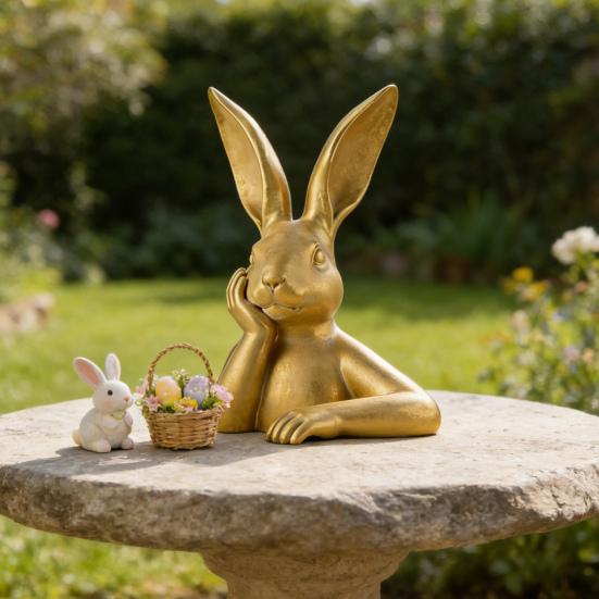 Wielkanocna Złota Figurka Królika Drukowana 3D Statua Królika Zamyślonego Vintage Ozdoba Stołu na Wiosnę Ozdoba Kominka Półki
